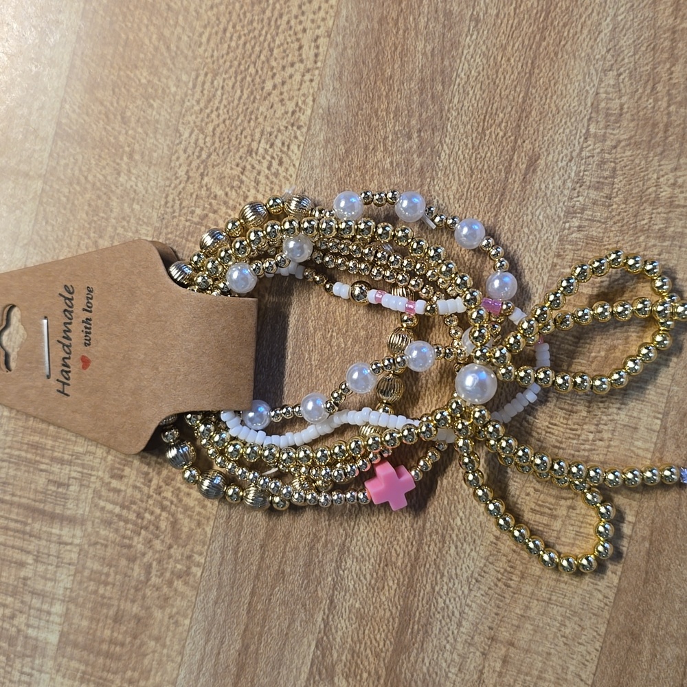 Handmade Gold and Pink Beaded Bracelet Set